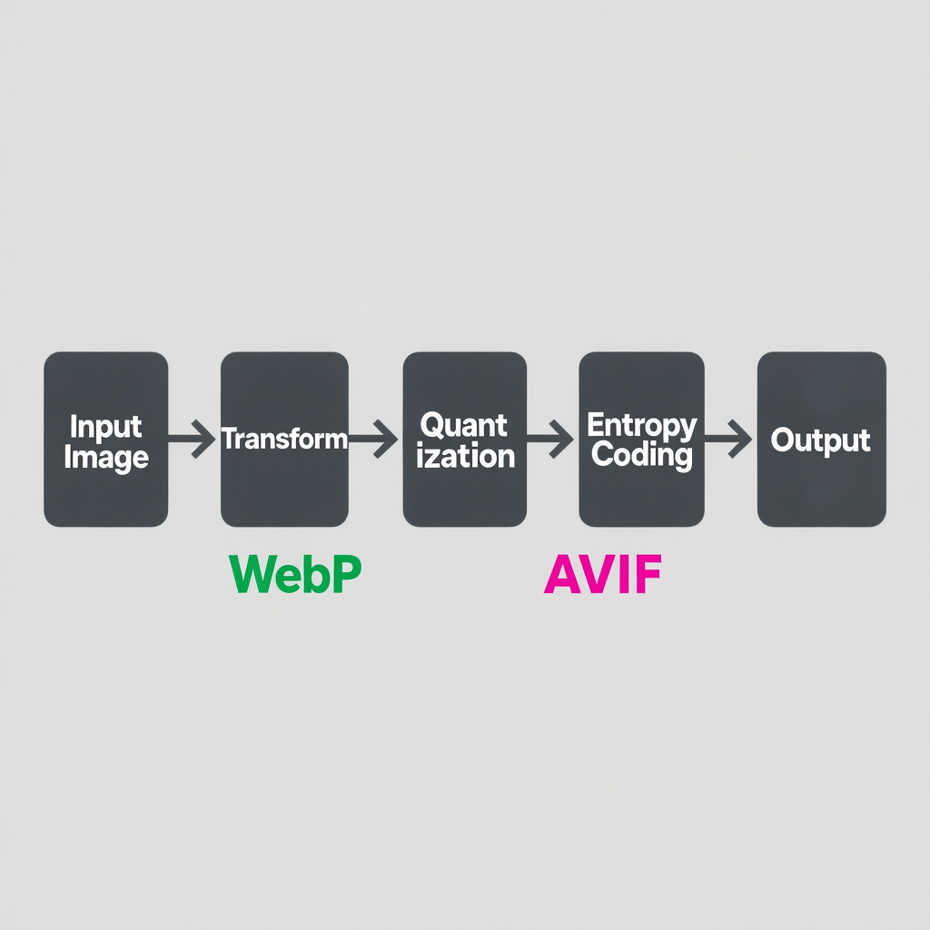 Codec pipeline for modern image formats Codec pipeline diagram showing transform, quantization, and entropy coding