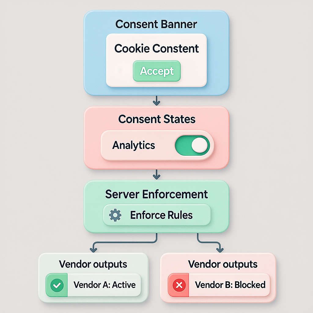 Consent and Privacy Mapping Consent mode mapping from UI signals to server-side enforcement and vendor policies