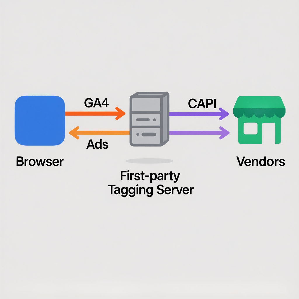 Data Flow: Server-side Tagging Architecture Server-side tagging gtm data flow diagram from browser to tagging server to vendors