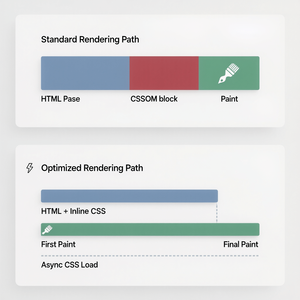 Deferred CSS for Critical Rendering Path Feature Deferred CSS for critical rendering path visual timeline showing how the first paint is unblocked