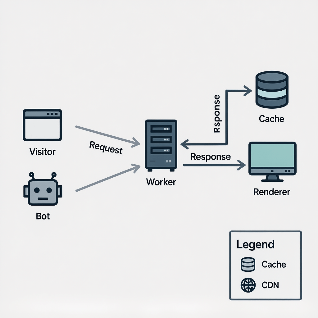 Edge Prerender Architecture Diagram of prerendering with Cloudflare Workers routing bots to cached HTML and humans to the SPA
