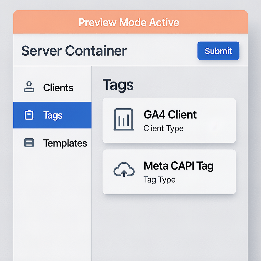 GTM Server Container Configuration GTM server container UI with GA4 client and tag templates configured