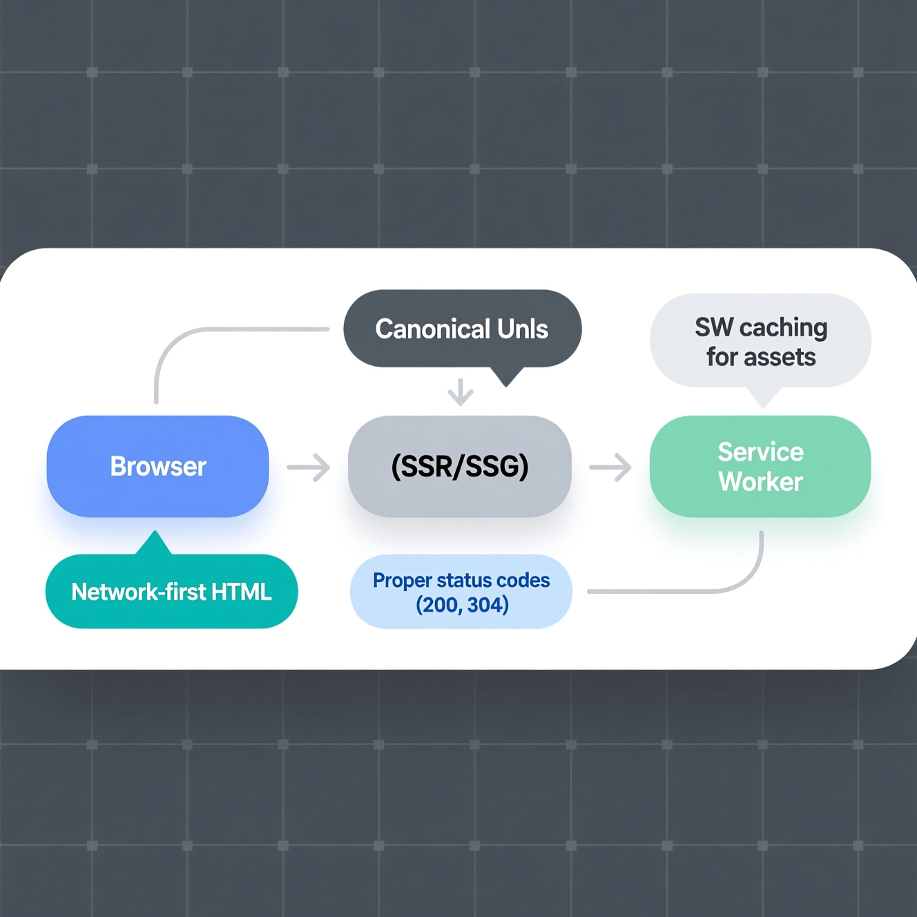 PWA SEO Architecture Diagram of PWA SEO architecture including server side rendering, service worker, and routing