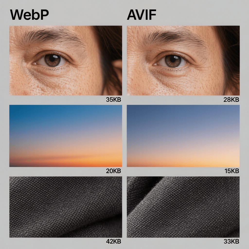 Quality comparison grid: WebP vs AVIF Side by side WebP vs AVIF comparison for portraits, skies, and product images