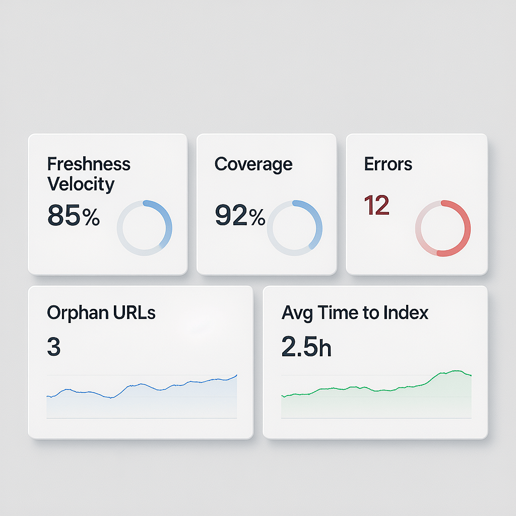 Sitemap Health Monitoring Dashboard Monitoring dashboard showing sitemap health, freshness, and index coverage trends