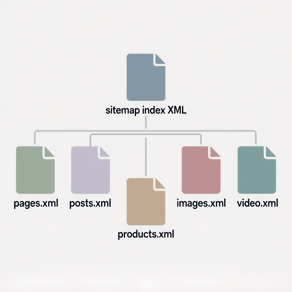 Sitemap Index Architecture 2025 Diagram of a sitemap index with child sitemaps for pages, products, images, and video