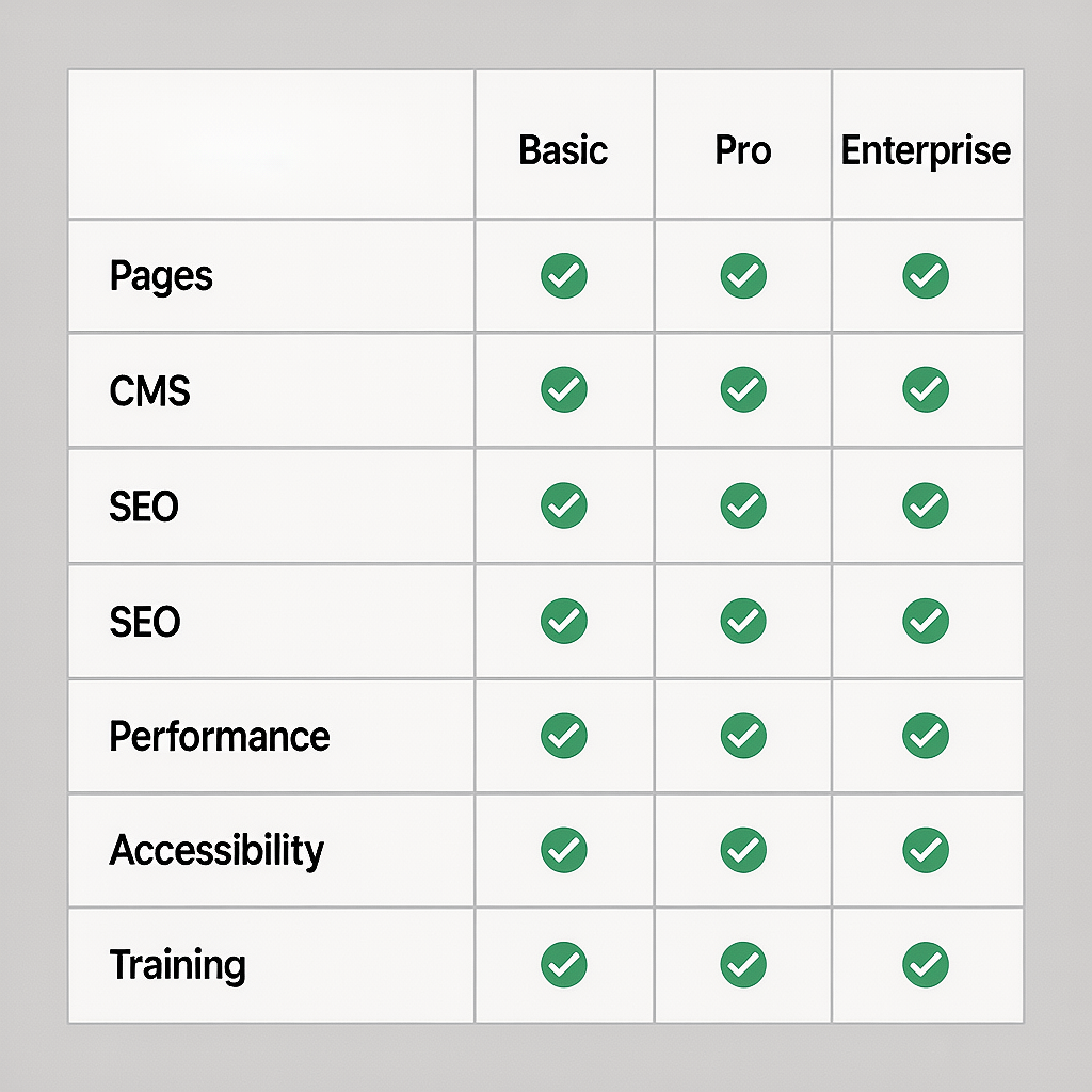 What Packages Include Feature grid comparing small business website design packages across tiers with inclusions