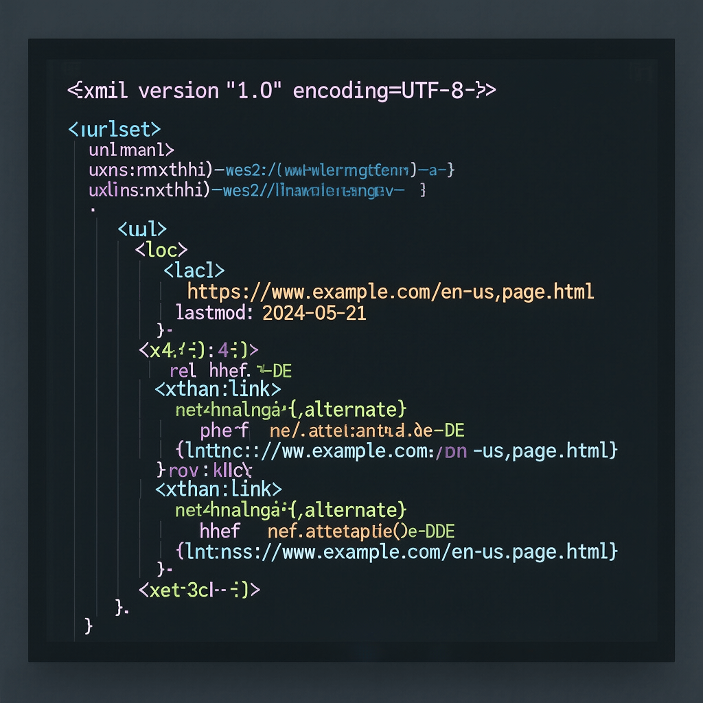 XML Sitemap Code Sample 2025 Code sample of XML sitemap with url, loc, lastmod, and hreflang annotations for sitemap best practices 2025