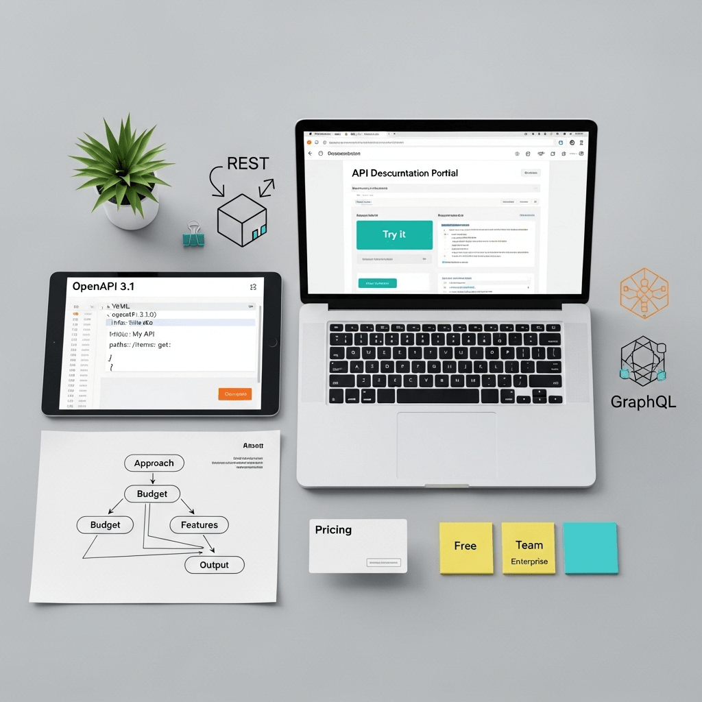 Top down workspace visualizing api documentation tools from OpenAPI spec to published portal with pricing tiers