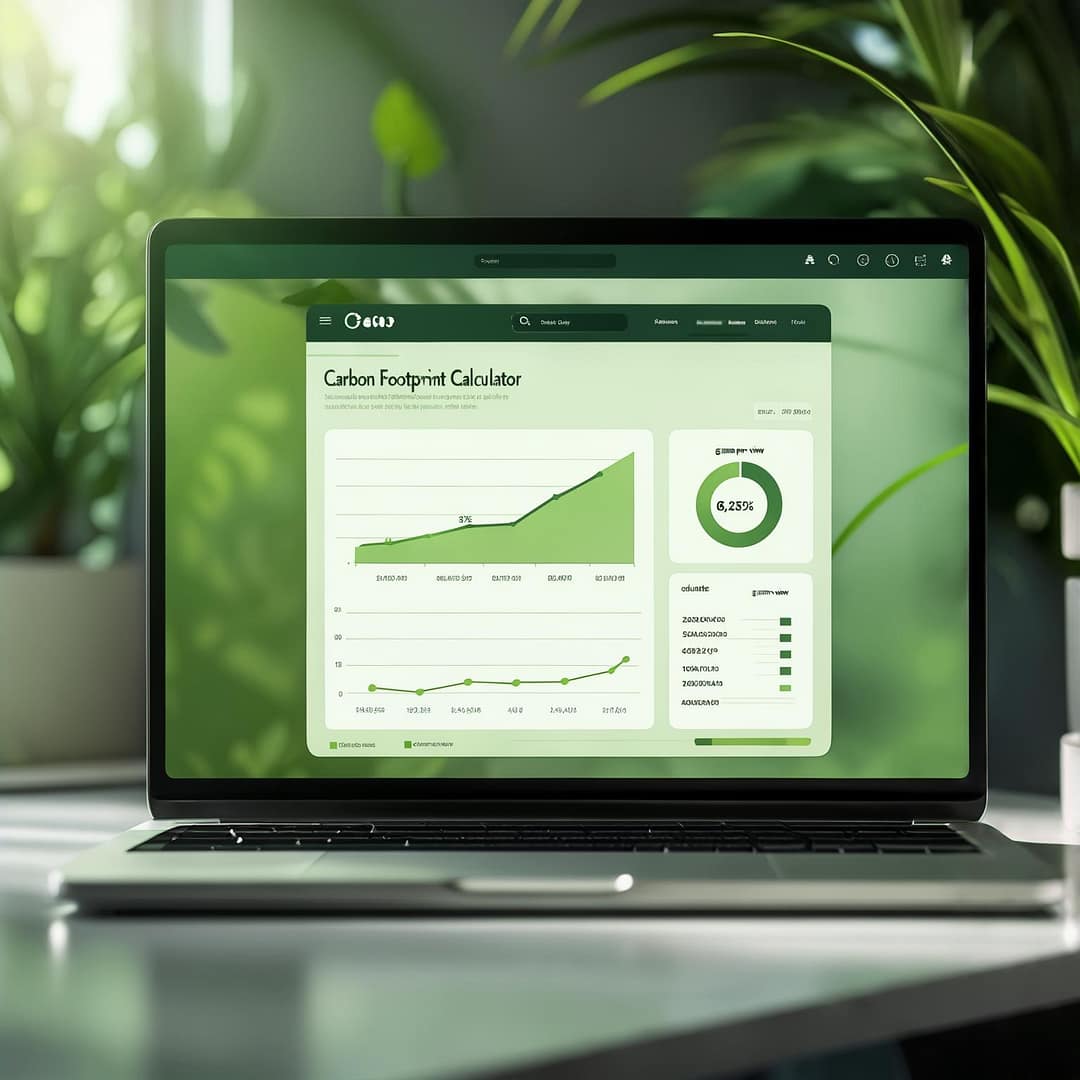 Website carbon footprint calculator on a laptop with a green energy dashboard