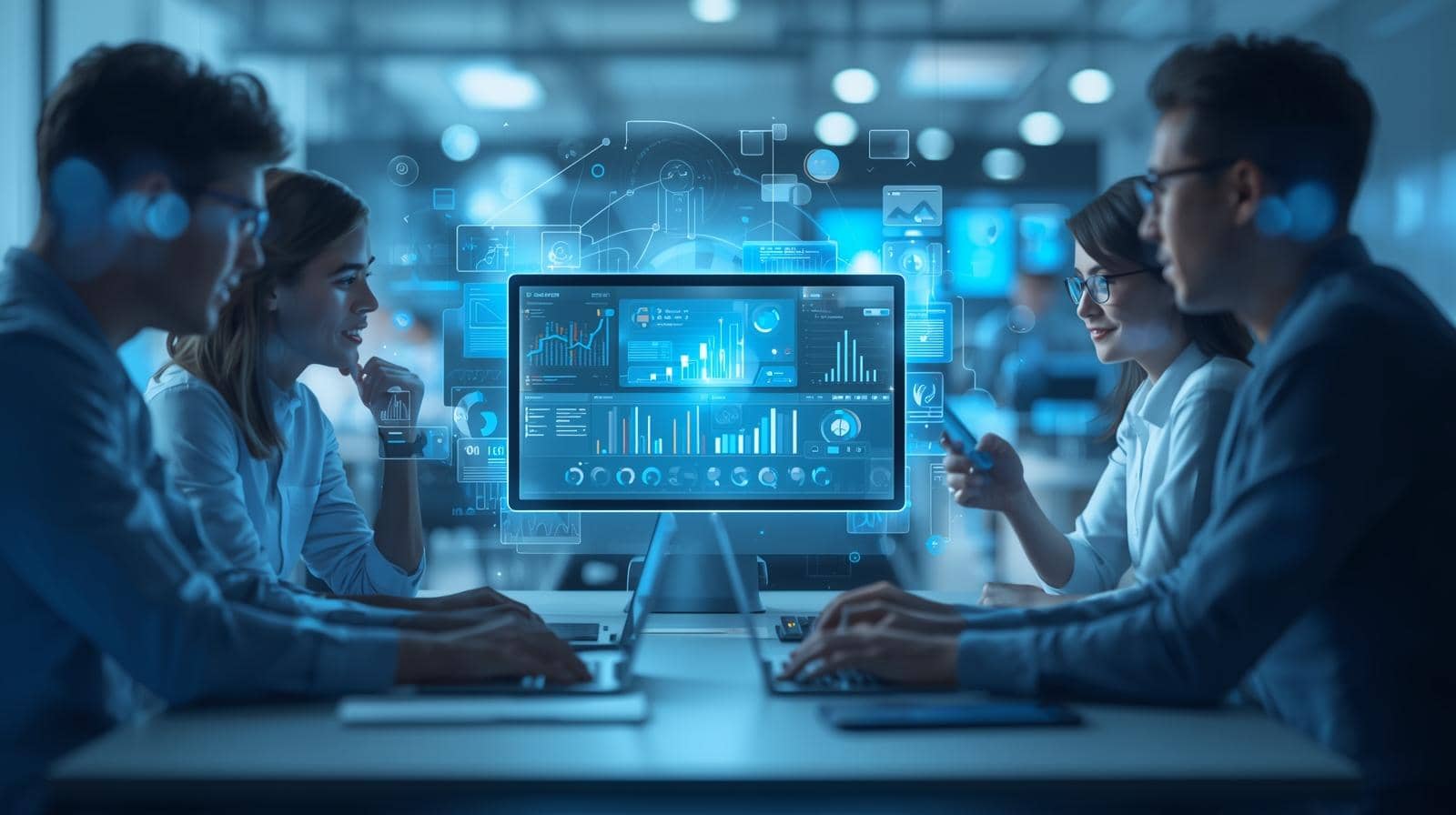 No-code low-code business benefits illustrated with a team collaborating