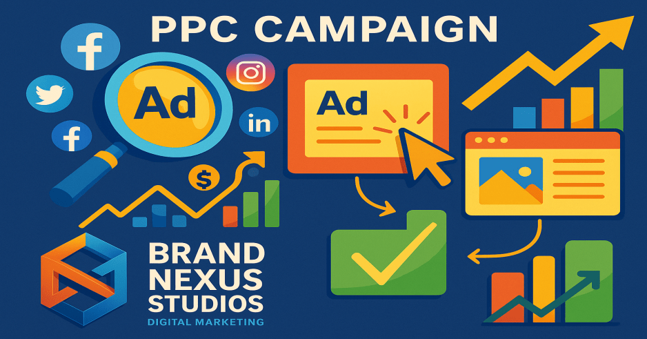 A dynamic illustration representing a successful PPC campaign, featuring a magnifying glass over keywords, interconnected social media icons, and upward-trending graphs indicating growth and ROI.