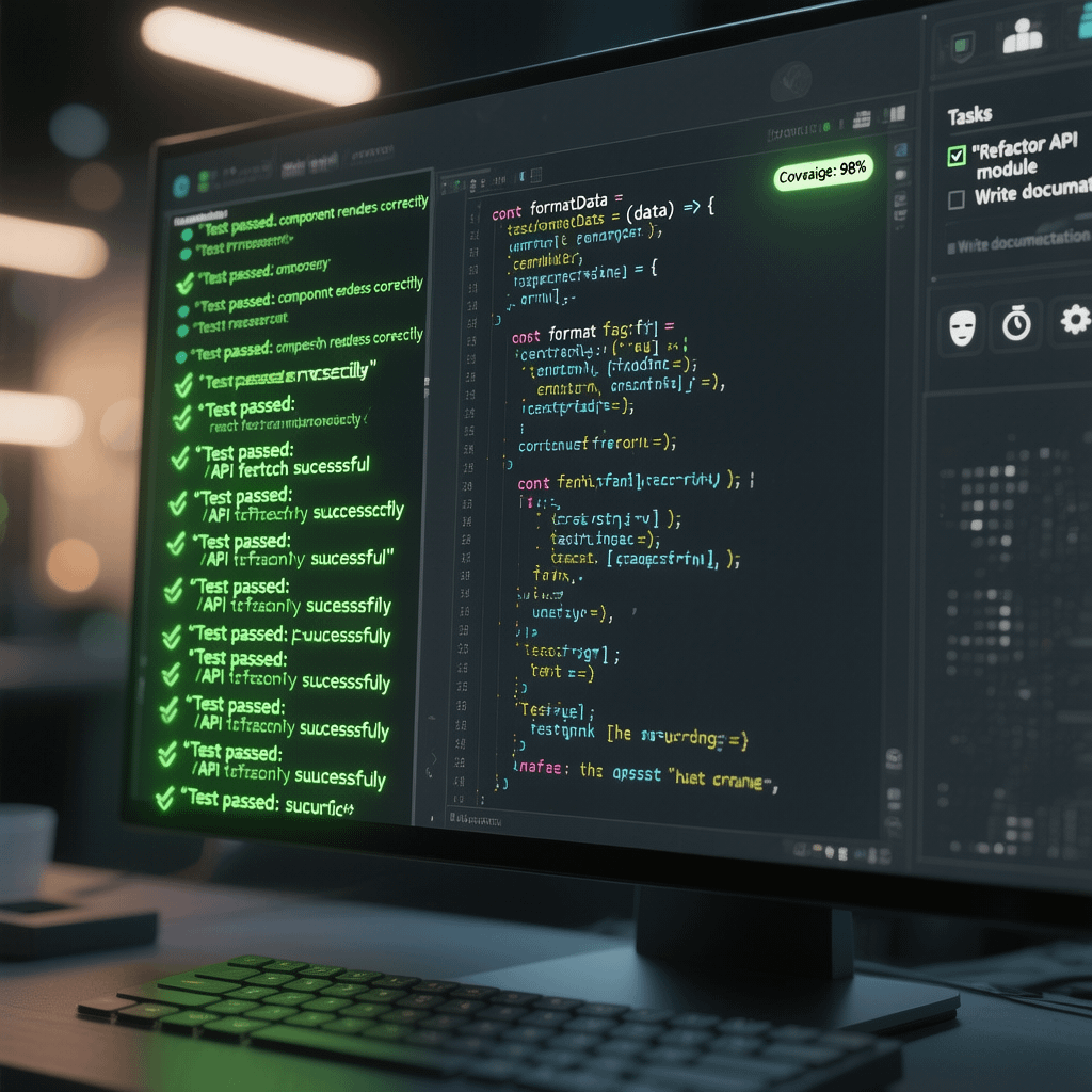 Unit testing for JavaScript apps - feature visual Unit testing for JavaScript apps illustrated with green checks on code output
