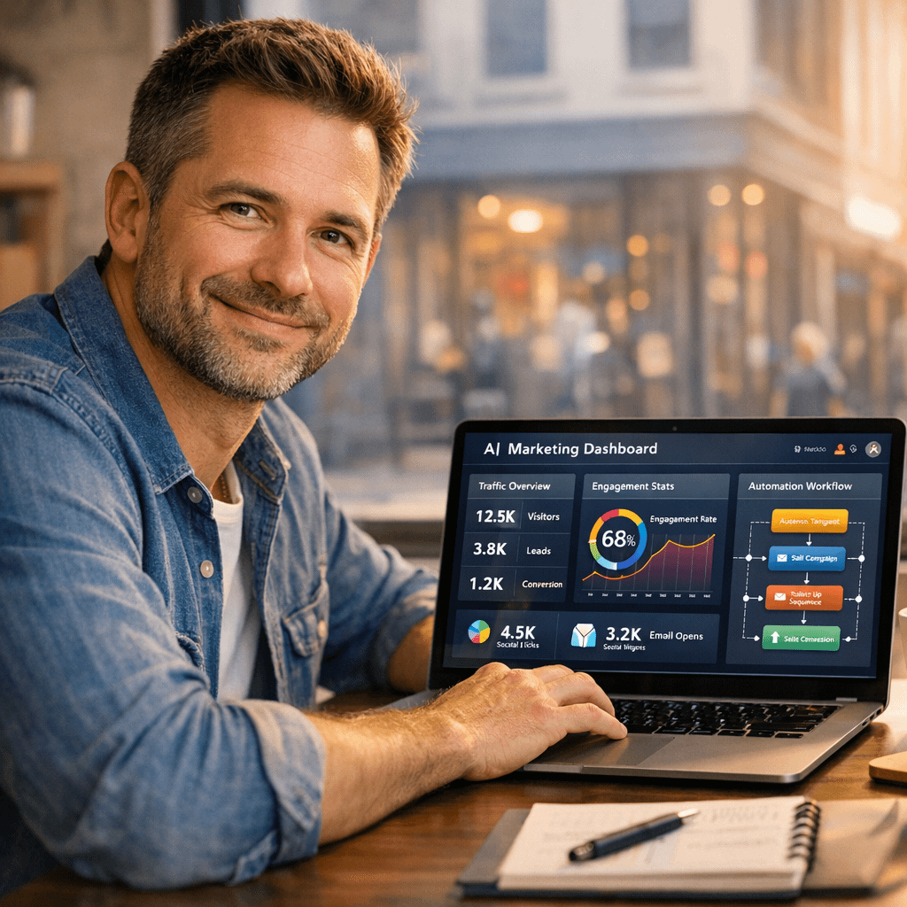 Affordable AI-integrated marketing for small business owner working on laptop with AI dashboard