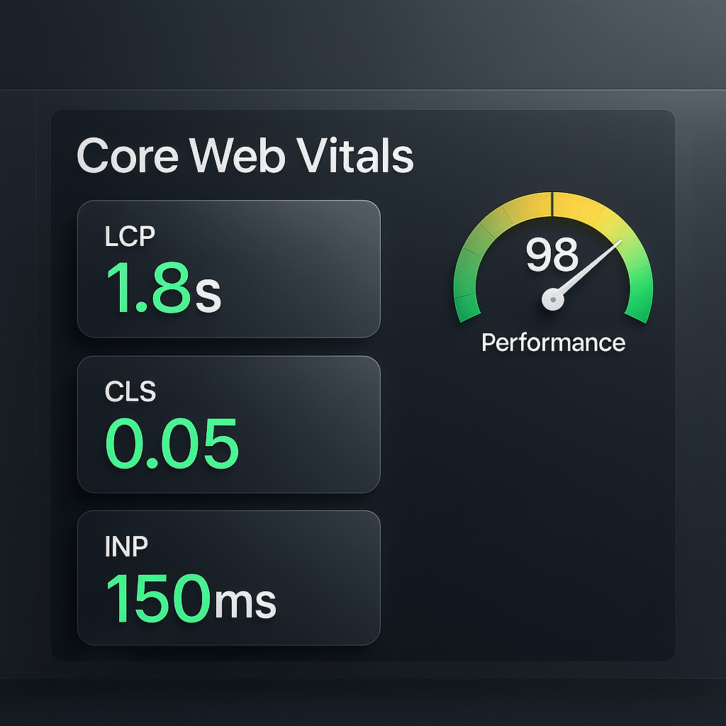 Performance and Core Web Vitals Core Web Vitals chart showing an affordable website with fast metrics
