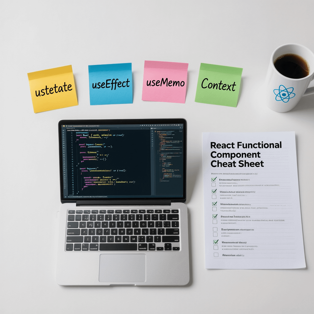 React functional component cheat sheet overview with hooks, patterns, and code snippets