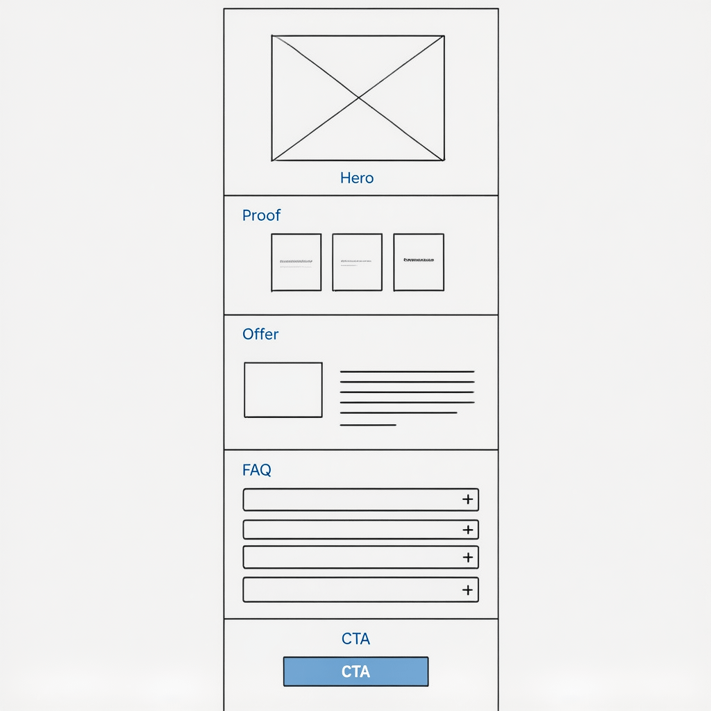 Wireframe blueprint - Landing page sections Wireframe blueprint for landing page design showing hero, proof, offer, and CTA