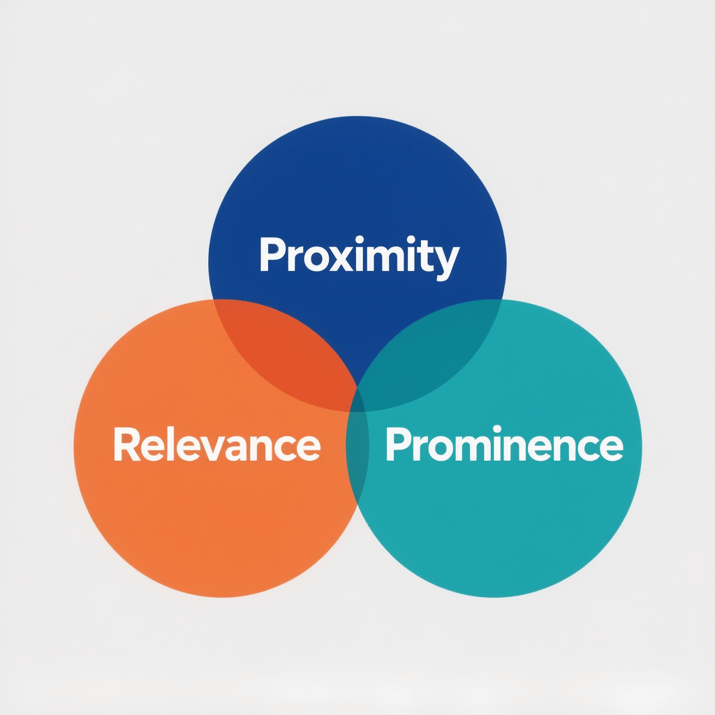 Local SEO ranking factors Diagram of proximity, relevance, and prominence for local SEO