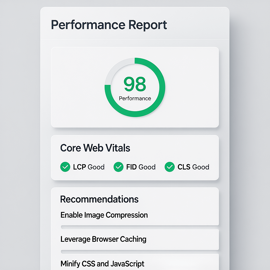 Page Speed Audit Page speed audit showing Lighthouse performance scores and Core Web Vitals