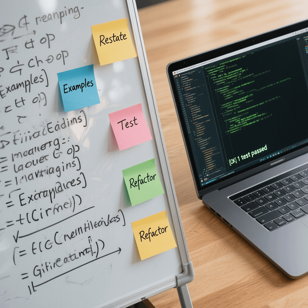 Live Coding Tips Whiteboard and IDE view with notes on how to pass a junior developer interview during live coding