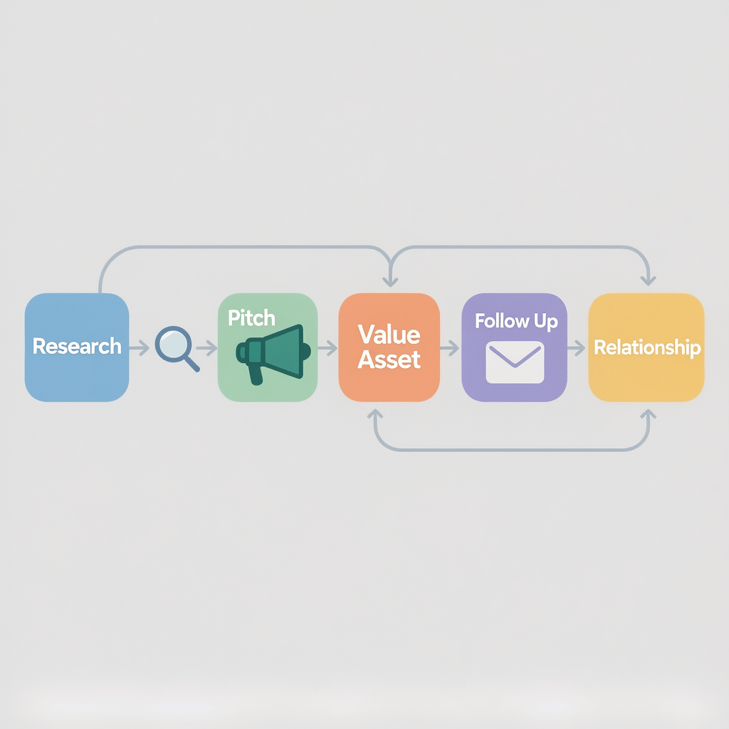 White Hat Link Outreach Workflow SEO specialist white hat link outreach workflow showing research, pitch, and follow up