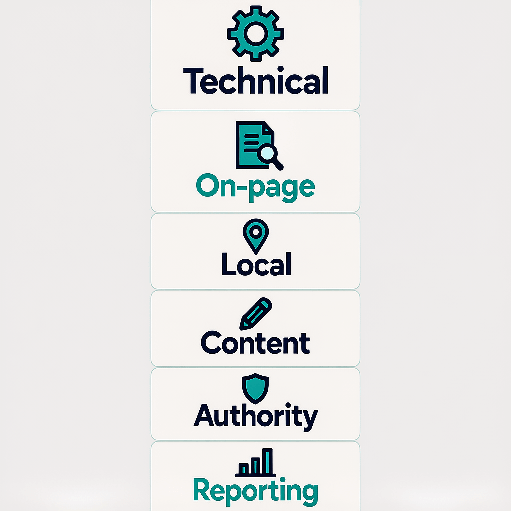 SEO deliverables that matter Infographic of key deliverables in affordable SEO packages for small business South Africa