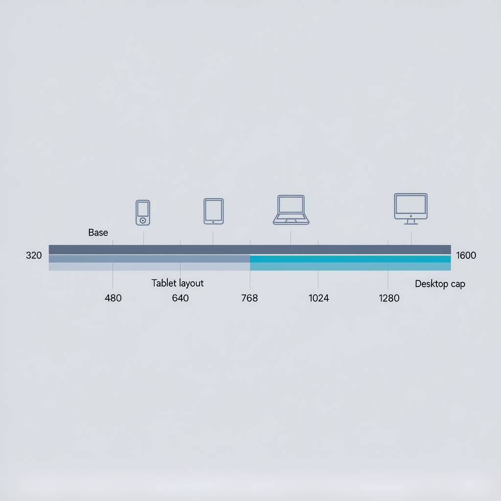 Diagram showing CSS media query breakpoints across mobile, tablet, and desktop