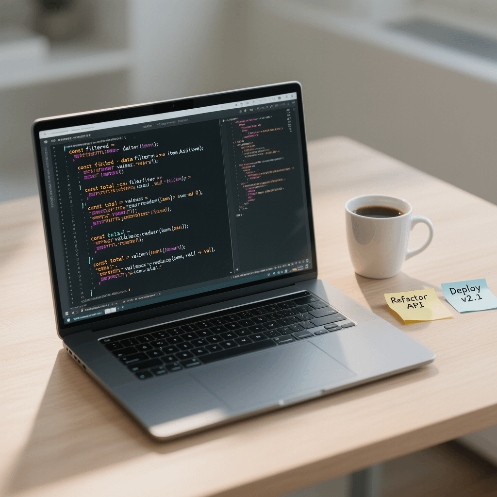 vanilla JavaScript ES6 array methods guide feature Developer reading a vanilla JavaScript ES6 array methods guide on a laptop with code snippets on screen