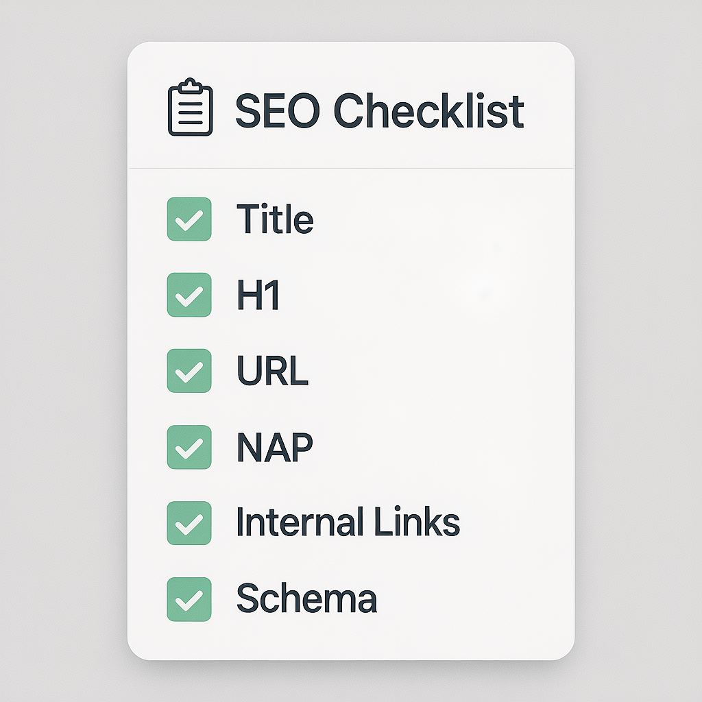 Local on page SEO checklist Local on page SEO checklist showing title, H1, NAP, internal links, and schema