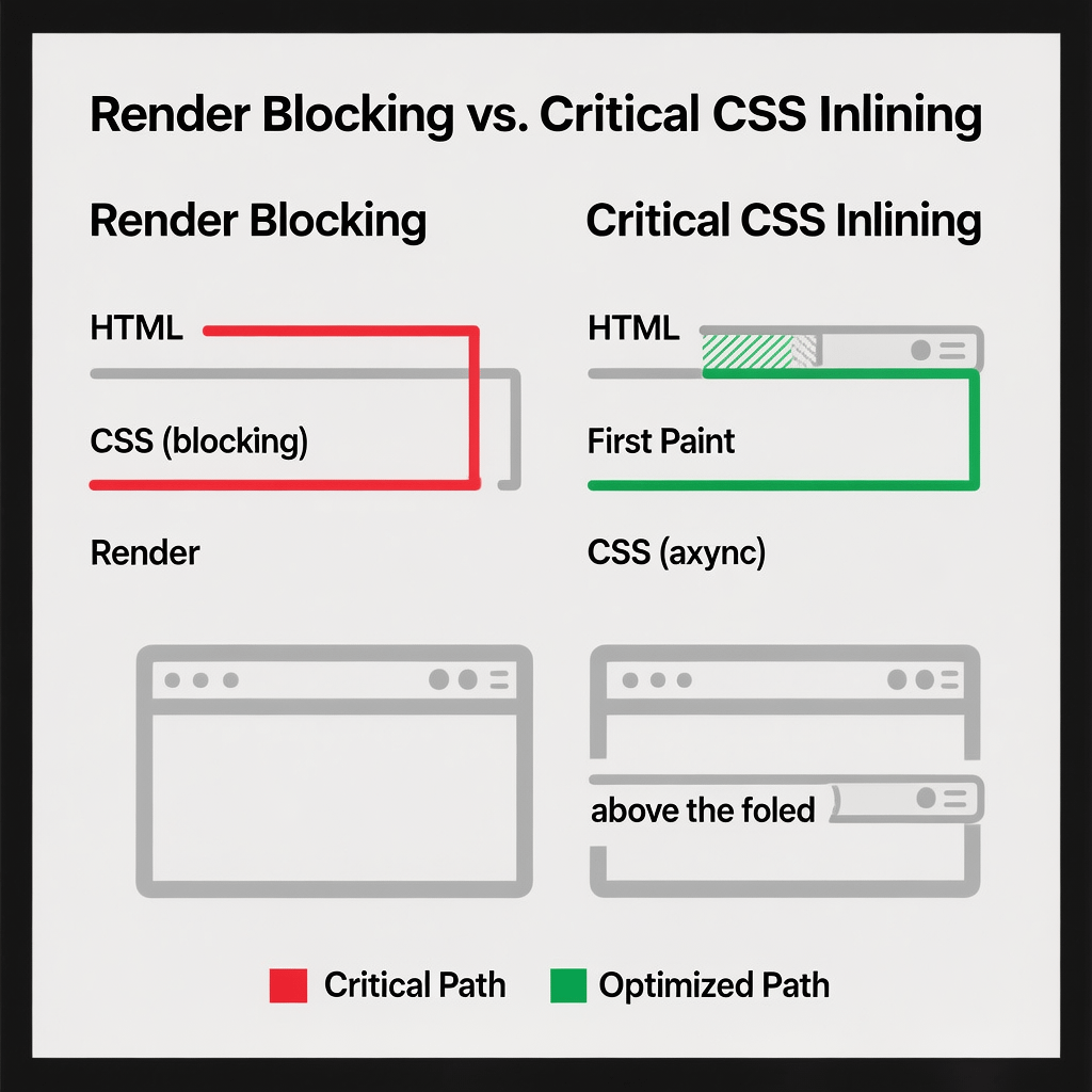 Critical CSS Above The Fold Critical CSS flow for an optimize website load time checklist illustrating render path