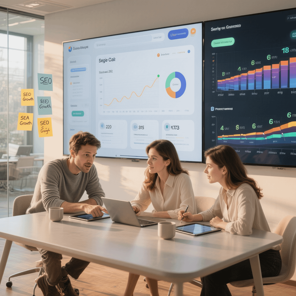 Modern marketing team planning SEO services strategy with dashboards on screens