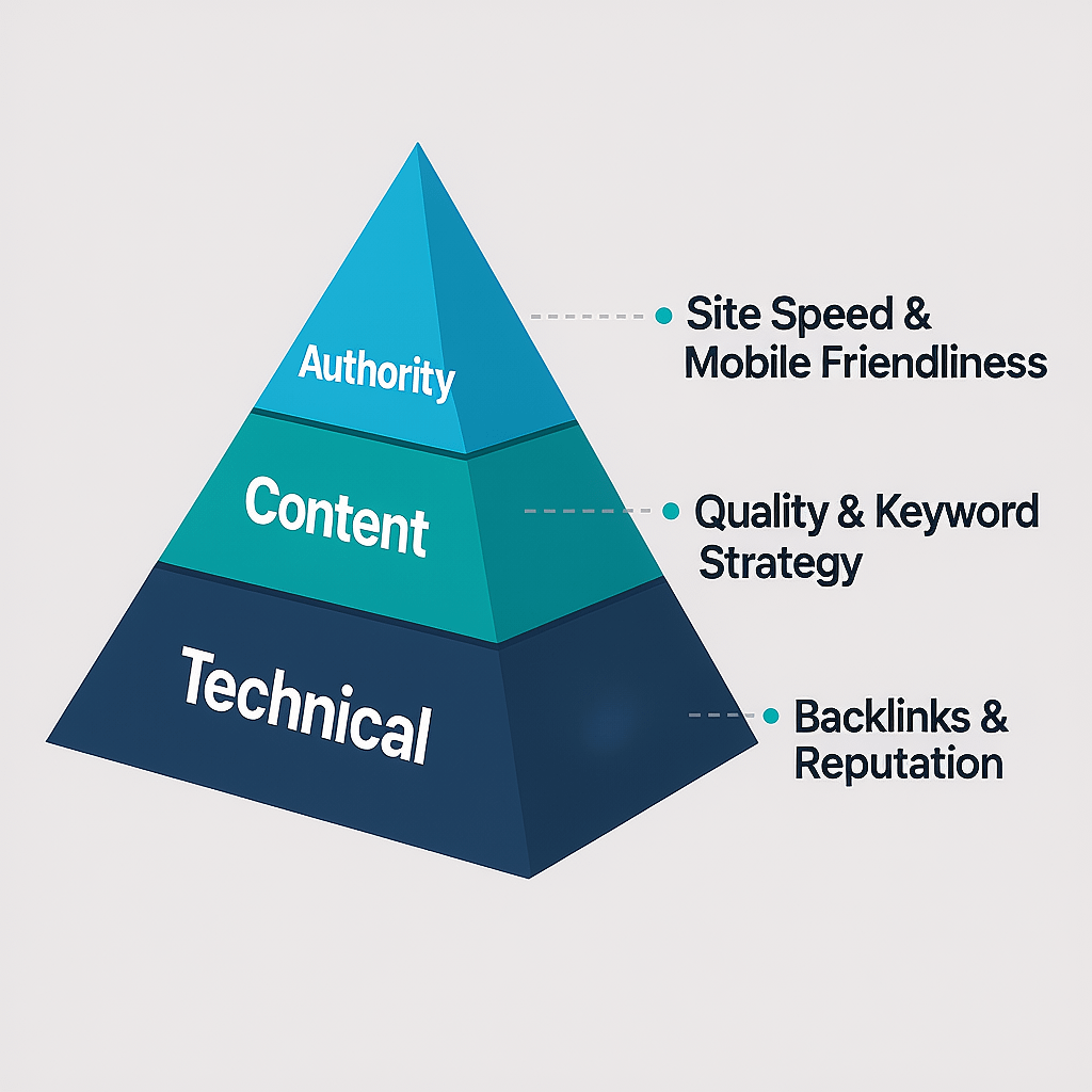 SEO Strategy Pyramid SEO specialist strategy pyramid showing technical foundation, content, and authority layers