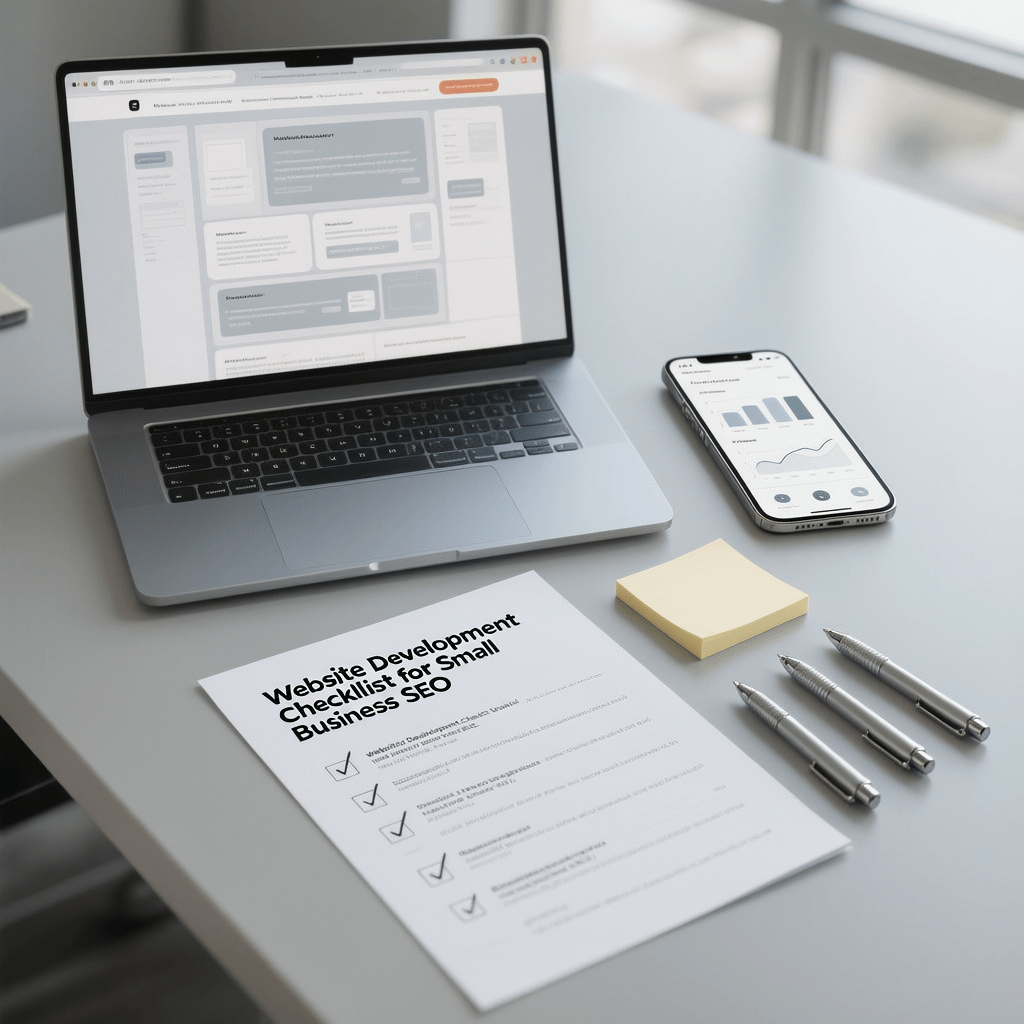 Website Development Checklist for Small Business SEO A whiteboard and laptop showing a website development checklist for small business SEO