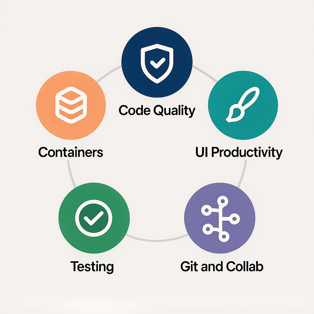 Overview - best VS Code extensions for web development Category map of the best VS Code extensions for web development grouped by code quality, UI, Git, testing, and containers