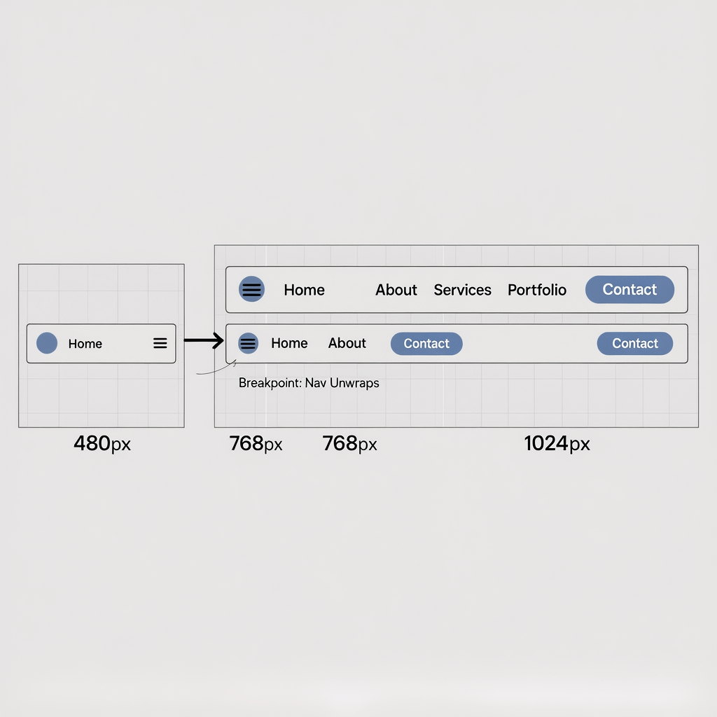 Breakpoint Strategy for Responsive Navbars Annotated diagram showing breakpoints to create a responsive navbar that adapts at 480px, 768px, and 1024px
