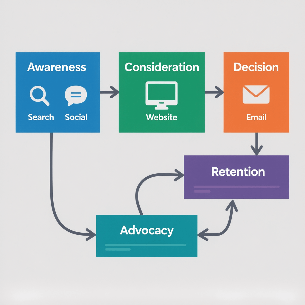 Customer Journey Map Customer journey map for digital marketing with awareness, consideration, and decision stages