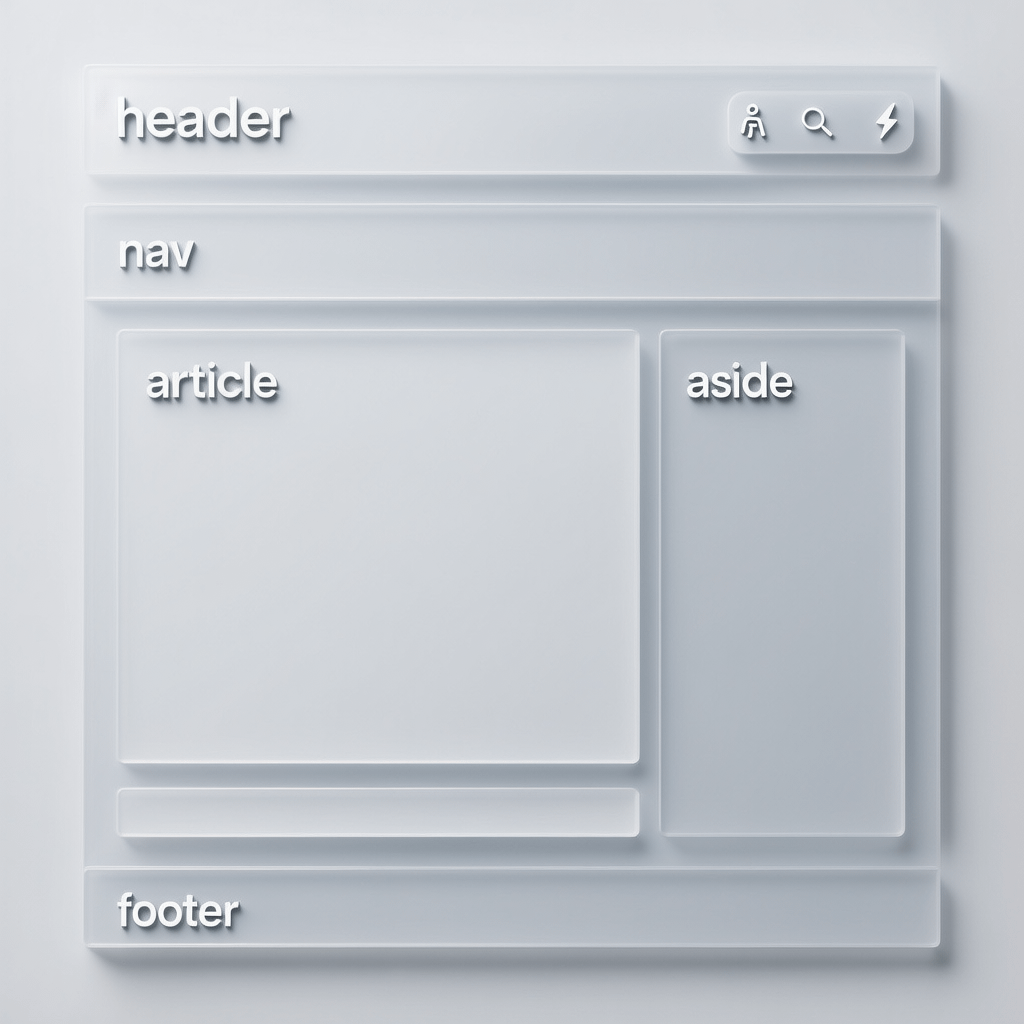Semantic HTML elements illustrated across a clean page layout with clear landmarks