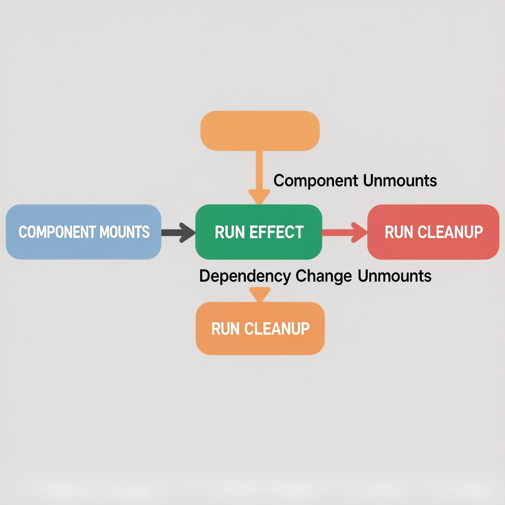 useEffect Setup and Cleanup Diagram Diagram showing useEffect setup and cleanup lifecycle for a React functional component cheat sheet