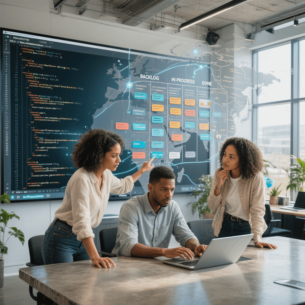 South Africa Web Development Outsourcing guide with team collaborating across screens