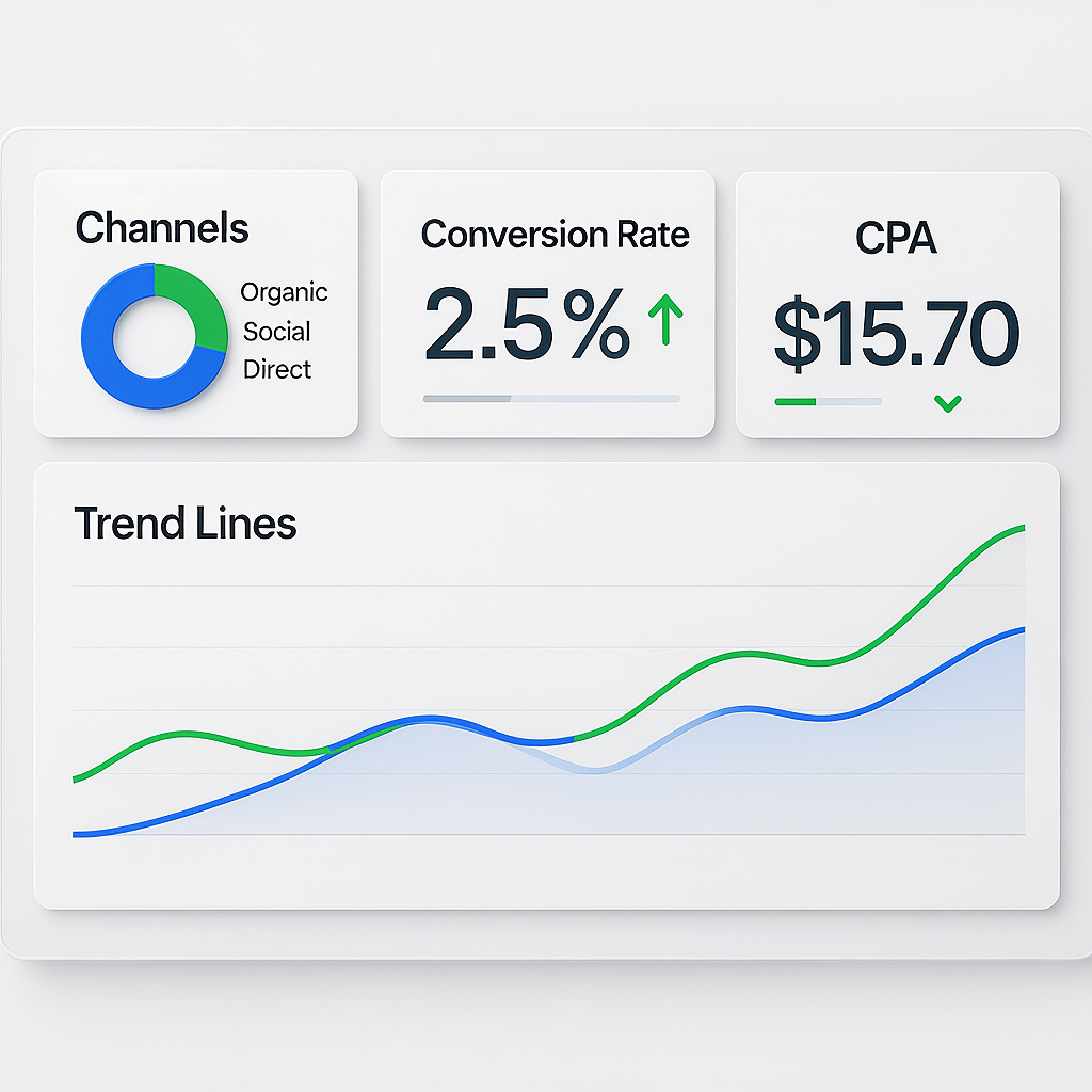 Traffic and Conversion Dashboard Analytics dashboard tracking traffic sources and conversions for website promotion