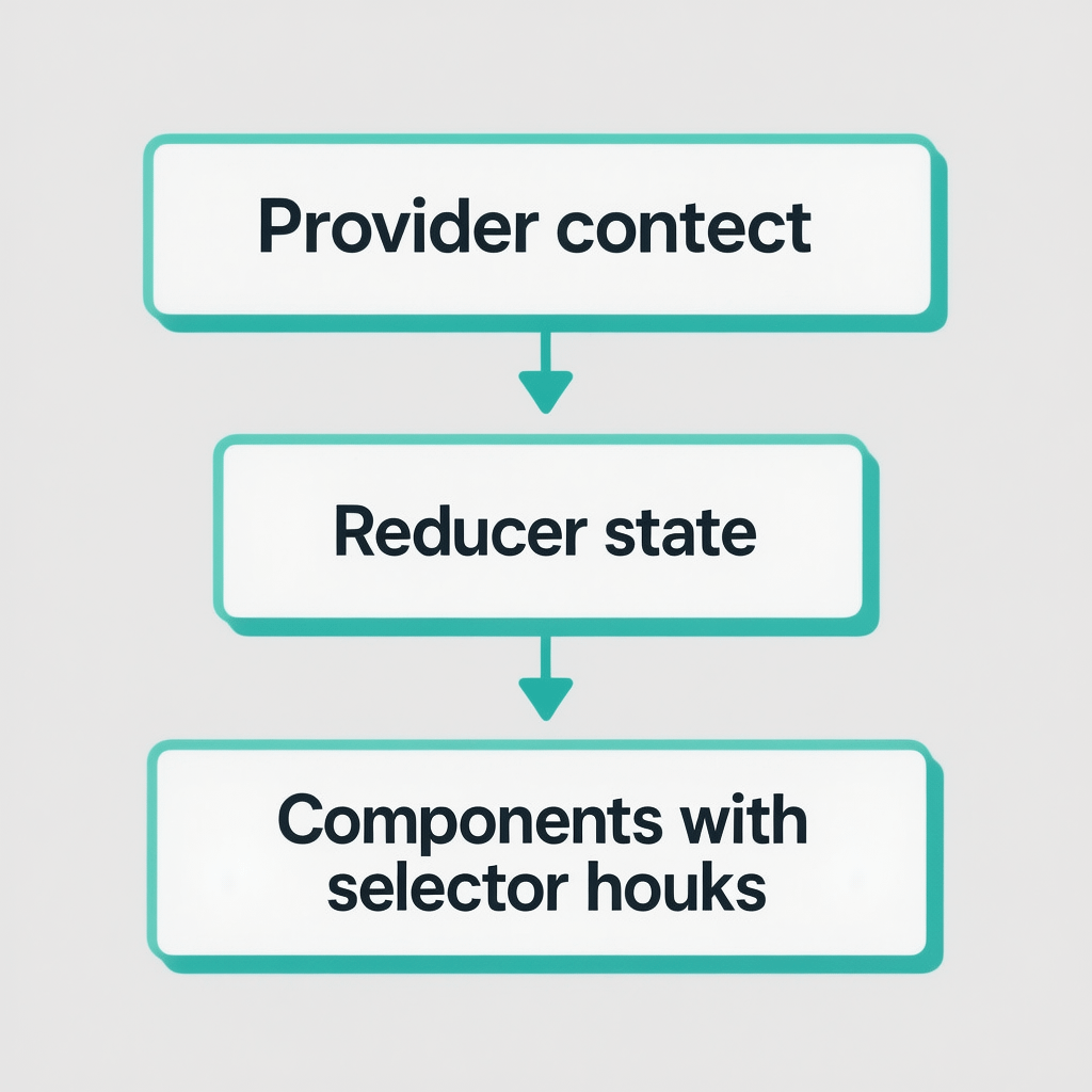 Context plus Reducer Flow Context plus reducer flow diagram for state management in React without Redux