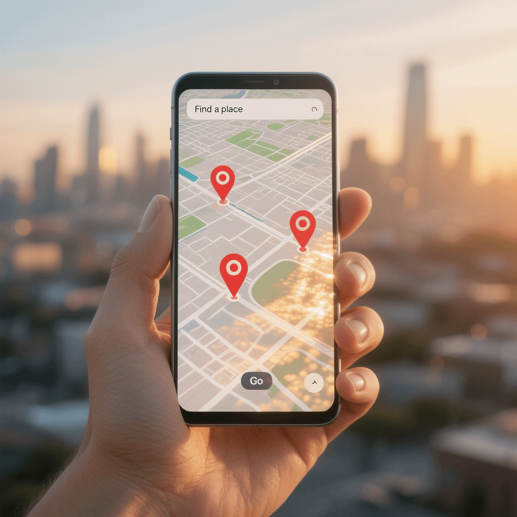 Local SEO map visibility on mobile Local SEO map pin on a smartphone showing nearby businesses