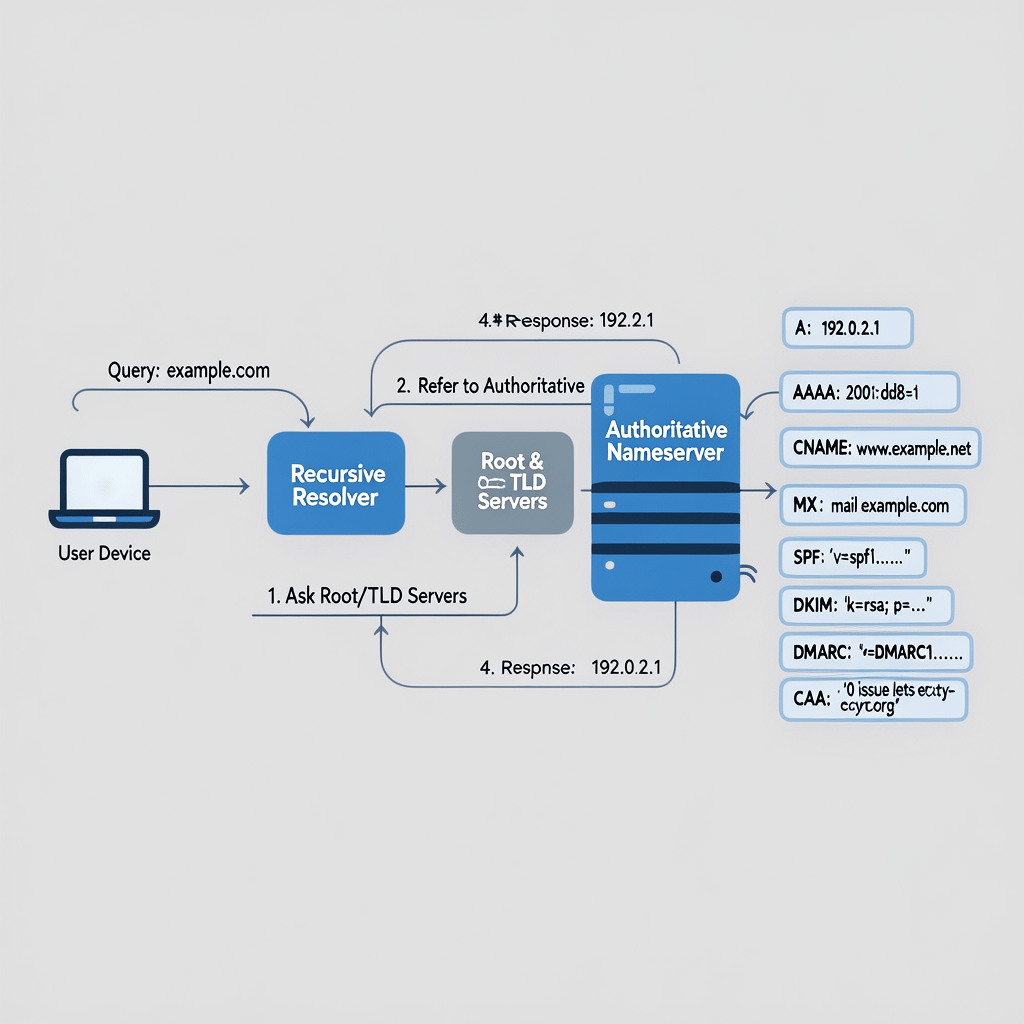 How DNS routes your domain DNS records diagram showing how a domain name resolves to a website and email services