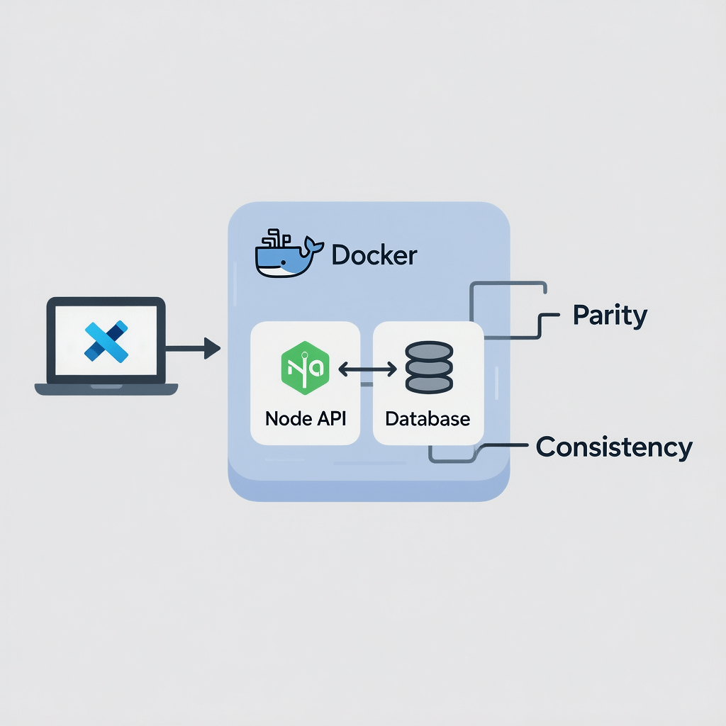 Docker and Remote - Containers overview Visual diagram of a developer using VS Code Remote - Containers to match production with Docker