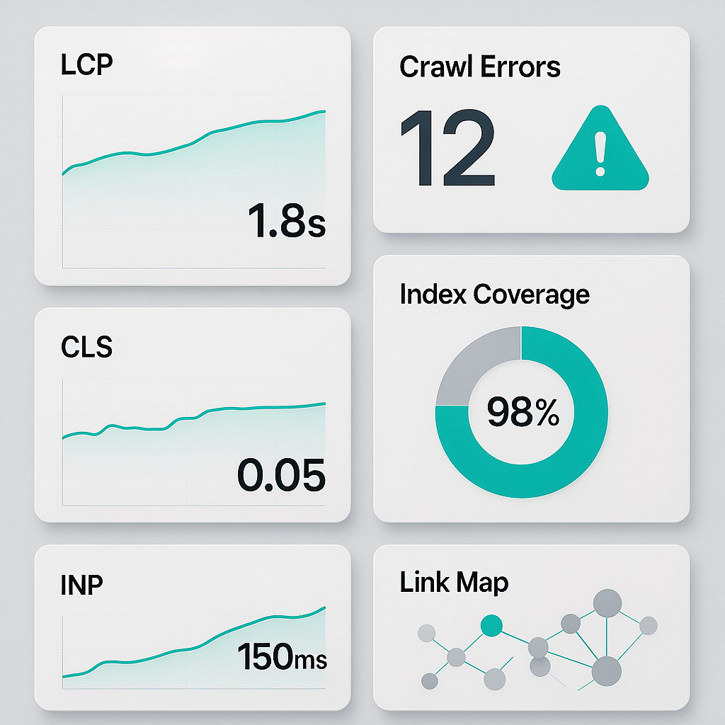 Technical SEO Audit Dashboard SEO specialist technical audit dashboard highlighting Core Web Vitals and indexation issues