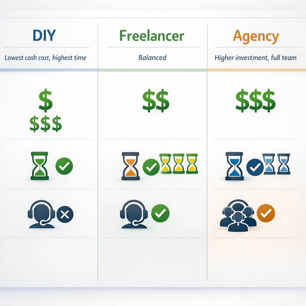 Comparing Website Build Options Chart comparing the cost to build a website using DIY tools, freelancers, and agencies