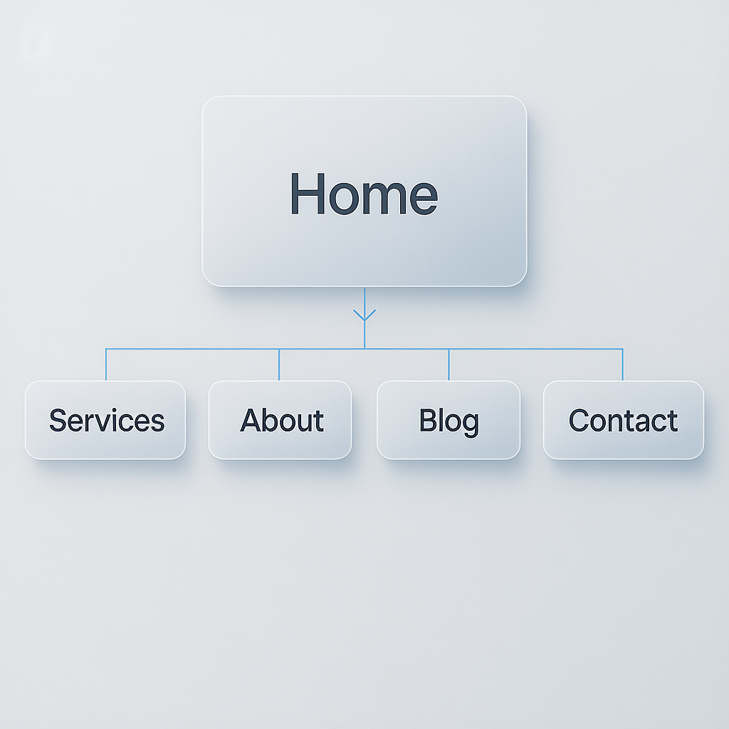 Small Business Sitemap and Wireframe Wireframe and sitemap for a small business website showing a logical content hierarchy