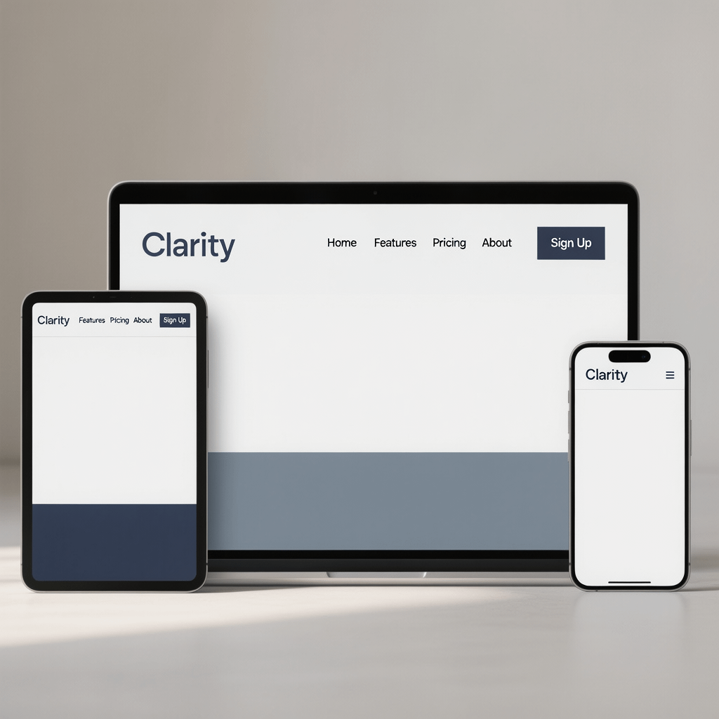 Design mockups across devices that show how to create a responsive navbar for desktop, tablet, and mobile