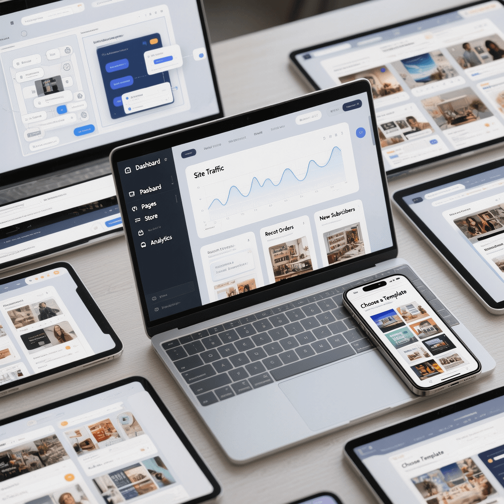 Website builder dashboards and templates arranged in a modern collage