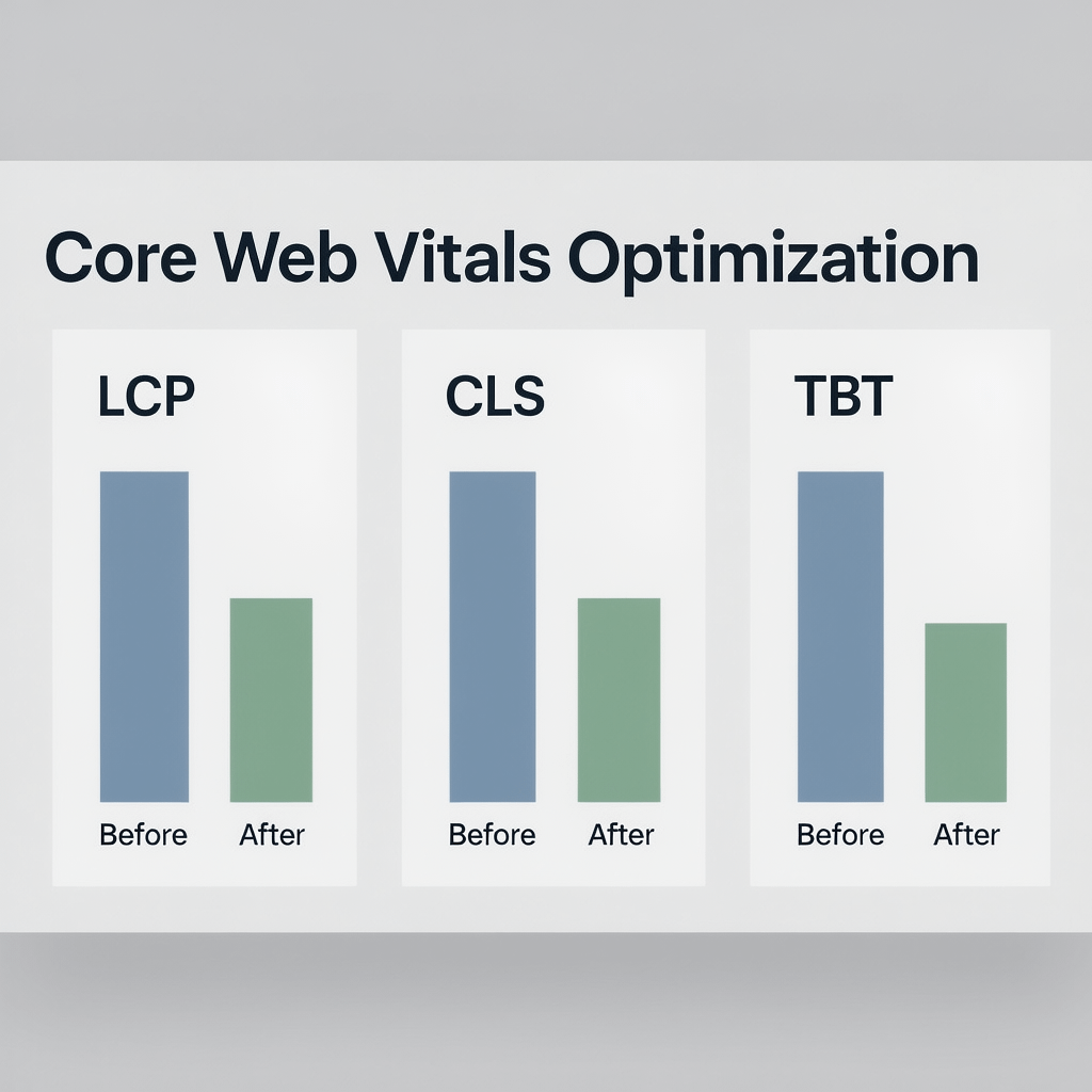 Speed Metrics and Vitals Speed metrics chart showing ecommerce website LCP, CLS, and TBT improvements